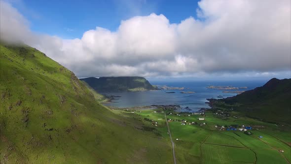 Farming village on Lofoten islands, aerial view