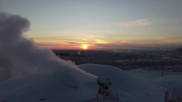 A Snow Cannon is Blowing Snow at the Ski Resort