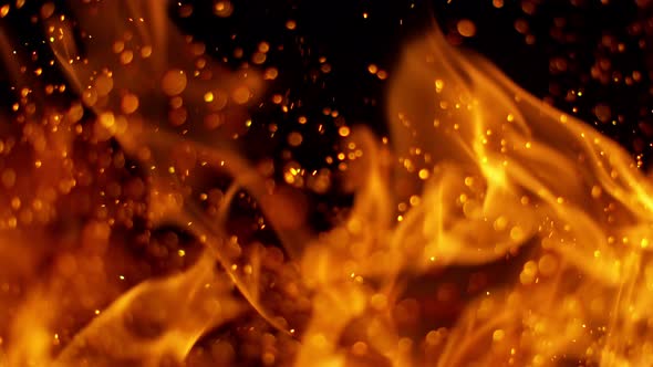 Fire Flames and Sparks in Super Slow Motion Isolated on Black Background at 1000Fps