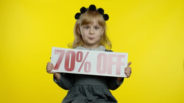 Child Girl Showing Up To 70 Percent Off Inscription, Rejoicing Discounts for Online Shopping Sales