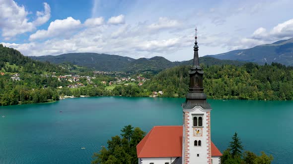 Flying past Lake Bled Church Tower