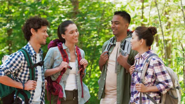 Friends with Backpacks on Hike Talking in Forest