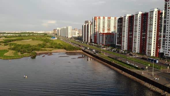 Public Beach Near Multistorey Residential Building Saint Petersburg