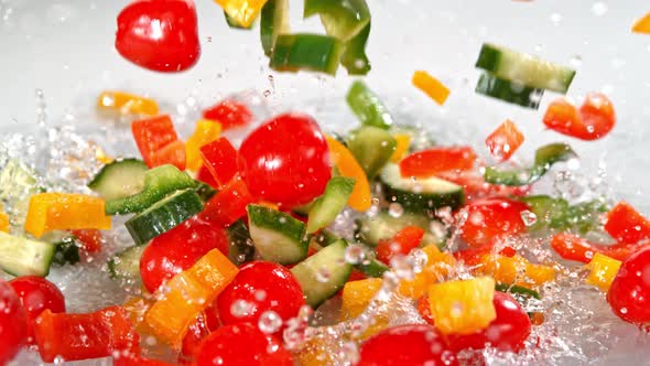 Super Slow Motion Shot of Colorful Vegetables Falling Into Water on White Background at 1000Fps