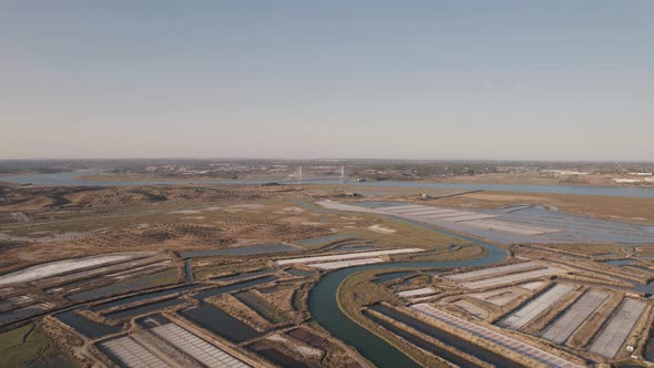 Scenic view of salt pans and Guadiana river, Castro Marim, Algarve, Portugal.