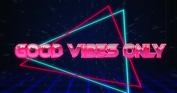 Retro Good Vibes Only text glitching over blue and red triangles on white hyperspace effect