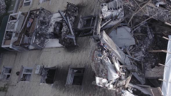 Vertical Video of a Residential Building Destroyed By the War in Ukraine