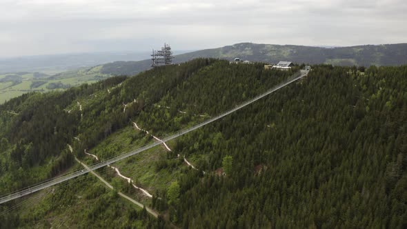 Longest suspension footbridge in world above valley in Moravia, drone.