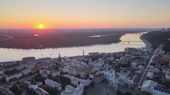 Historical District of Kyiv - Podil in the Morning at Dawn. Ukraine. Aerial View