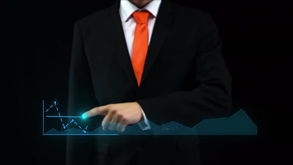 Man Uses Holographic Interface, Drawing a Arrow Showing Increasing in a Financial Chart. Business