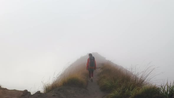 Female Traveler Trekking on Trail in Foggy Mountains