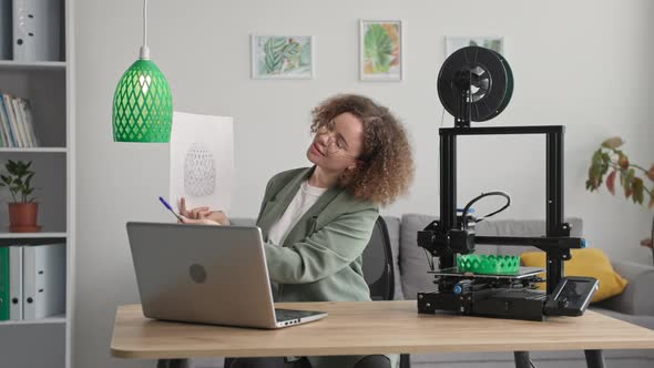 Young Creative Woman Uses Modern Technologies and Prints Prototype of 3d Model on 3d Print at Home