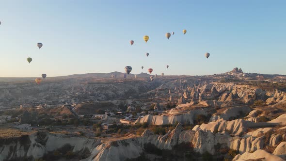 Aerial View Cappadocia Turkey  Balloons Sky