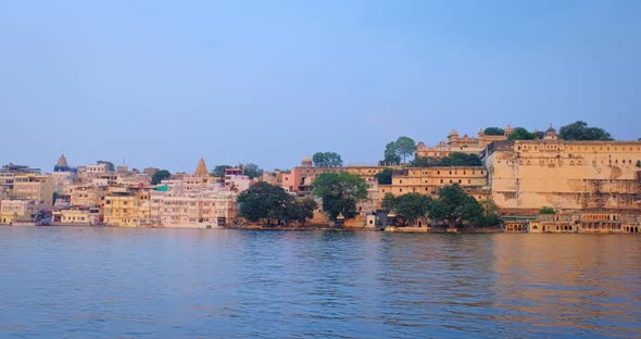 Udaipur City Ghat Lal Ghat and Udaipur City Palace Panoramic View From Lake Pichola