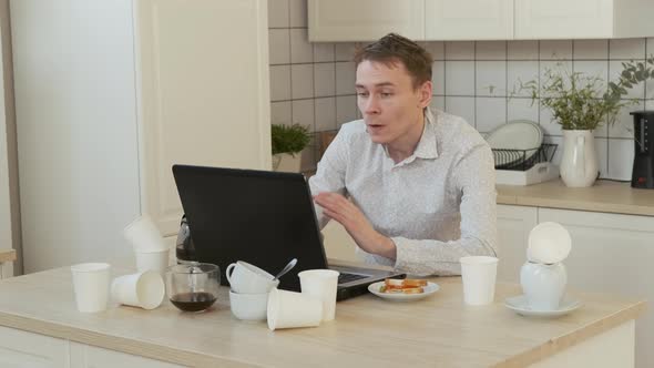 Exhausted Man Freelancer Overwhelmed with Job