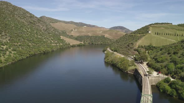 Drone view of a railway bridge in Douro region in Ferradosa, Portugal