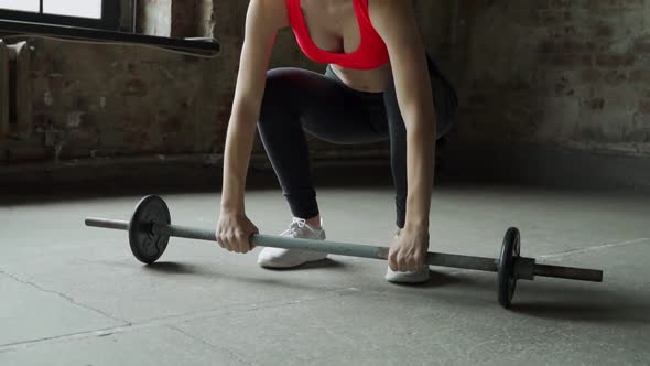 Fitness Woman Performs Barbell Lifting in the Gym