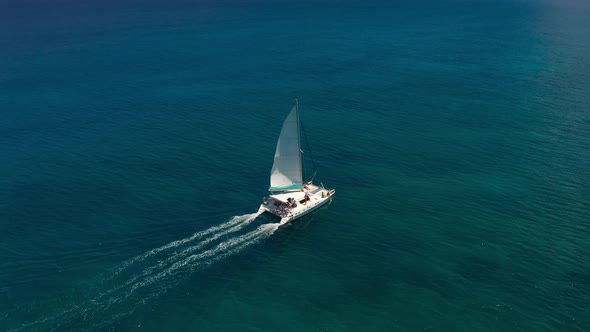 Sailing Catamaran in the Tropical Sea with Open Sails View From the Drone
