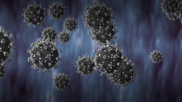 Animation of macro coronavirus Covid-19 cells floating over a blue background