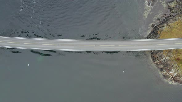 Top View Of Storseisund Bridge, Part Of The Atlantic Ocean Road In Western Norway. Aerial Topdown