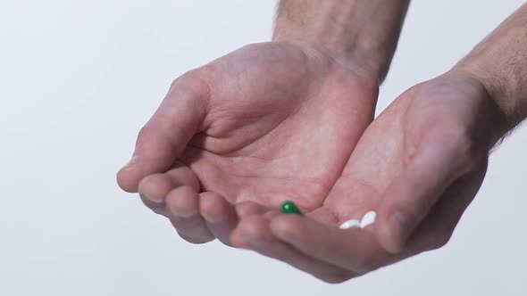 Many Tablets Falling Into Cupped Hands of Patient, Drug Abuse, Medication