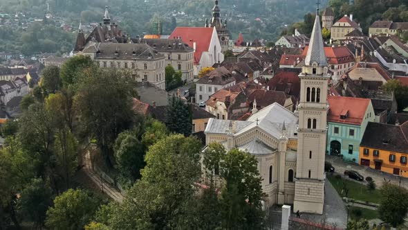 Aerial drone view of the Historic Centre of Sighisoara, Romania. Old buildings