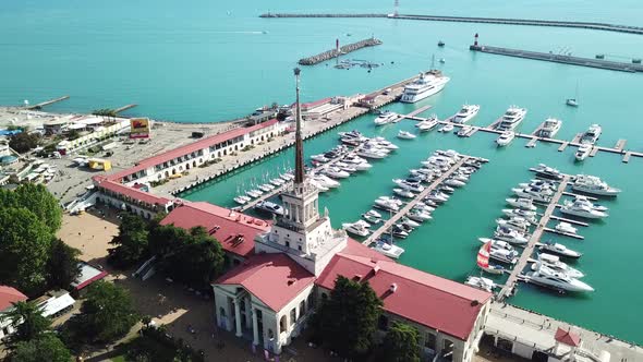 Aerial view of Marine station - Sea Port of Sochi, Russia.