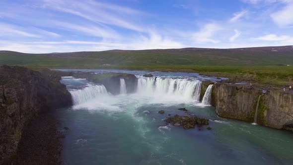 Drone Aerial Footage of the Godafoss Waterfall in North Iceland