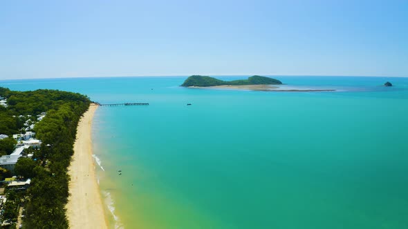 Aerial, Beautiful View On Palm Cove Beach And On Double Island In Cairns In Queensland, Australia