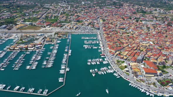 Lefkada, Greece. Aerial view of Lefkada town and marina on the Ionian island. Sailboats in the harbo