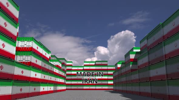 Many Cargo Containers with MADE IN IRAN Text and Flags