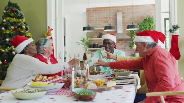 Happy group of diverse senior friends celebrating meal and drinking juice at christmas time