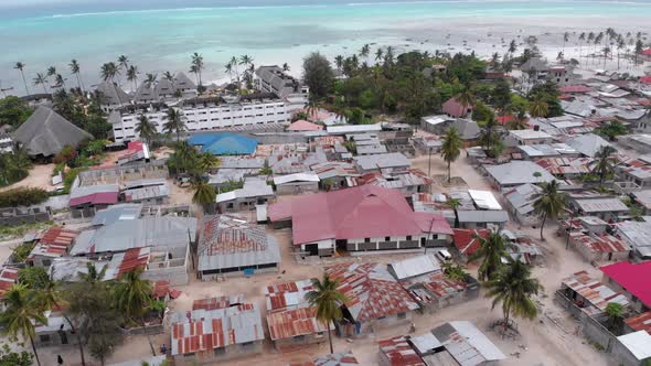 Aerial View African Slums Dirty House Roofs of Local Village Zanzibar Nungwi