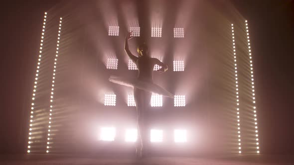Diligent Young Graceful Ballerina Dancing Elements of Classical Ballet in the Dark with Light and
