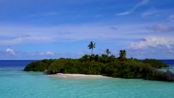 Drone tourism of island beach time by lagoon and sand background