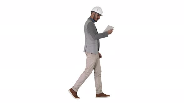 Engineer Walking and Working on Digital Tablet on White Background