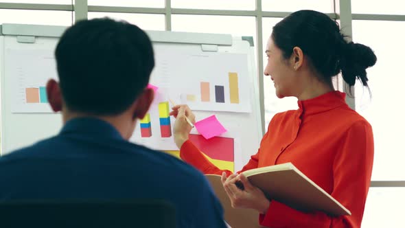 Young Woman Explains Business Data on White Board