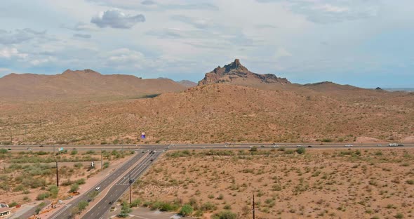 Aerial View Canyon with Cactus on the Desert Landscape Near a Scenic Highway in the Arizona United