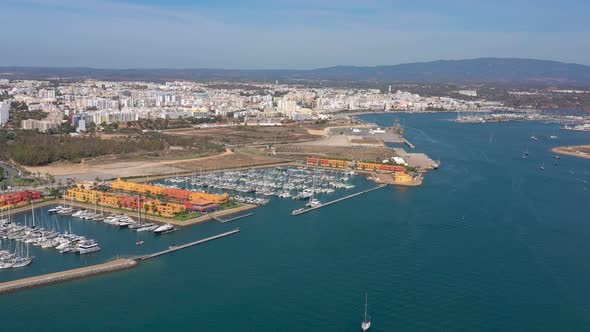 Aerial View of the Portuguese Marina Bay in the Tourist Town of Portimao Yacht Boats of Luxury