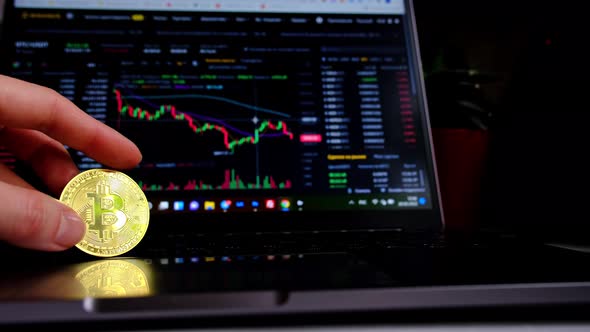 A bitcoin gold coin in hand on a laptop against the background of an open exchange program with cryp