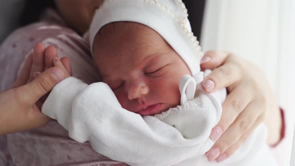 Newborn Sleeps on Hands of Parent