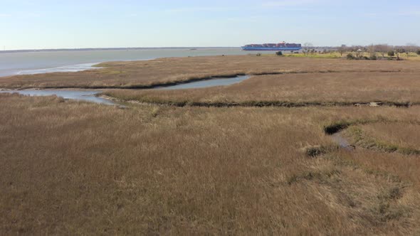 Flying over marshy grassland of Shem Creek