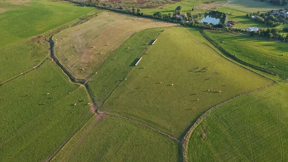 Landscape with Mountains Green Fields and Countryside Village Aerial View