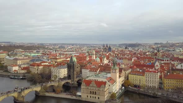 Prague, Aerial View of Karlov Bridje. Vltava River.