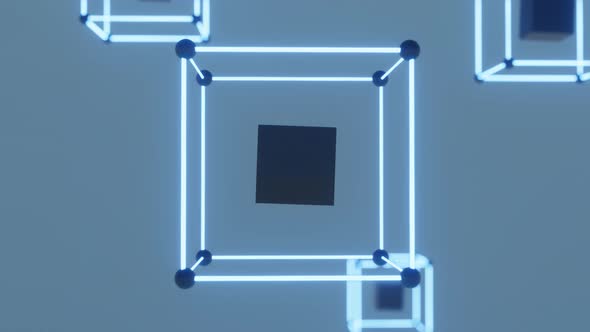 Rotating Blue Neon Cell Cube with Black Cube Inside