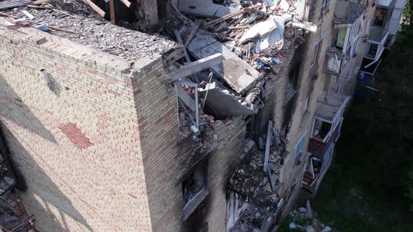 Aerial View of a Destroyed Building in the City of Makariv Ukraine