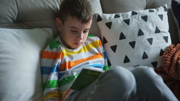 Child Boy Reading Book on the Sofa at Home