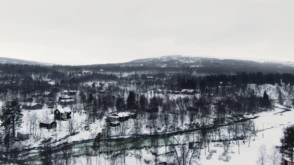 Birdseye view from drone of rural area in snowy cold winter landscape