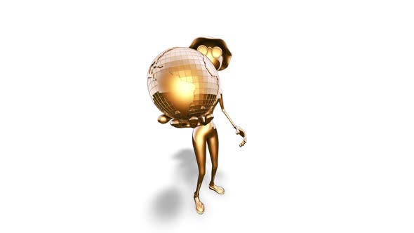 Gold 3D Woman Cartoon Show Globe  3D Looped on White