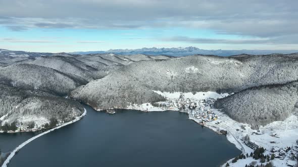 Aerial view of the Palcmanska Masa reservoir in the village of Dedinky in Slovakia